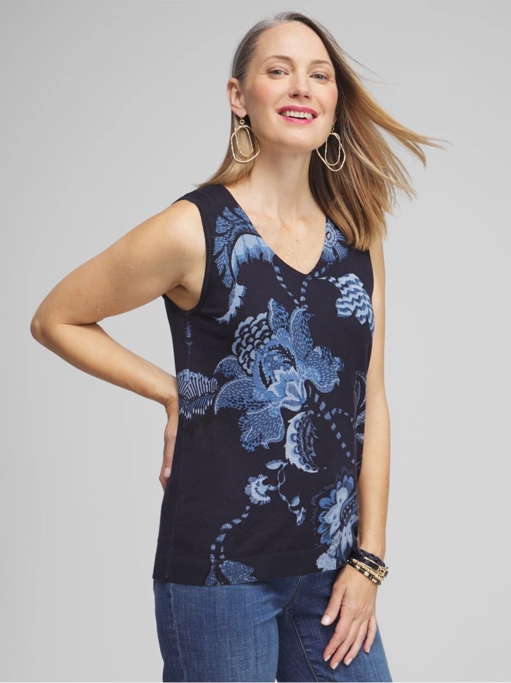 CHICO’S NWT 3 Spun Rayon Floral V-Neck Sweater Tank Top in Classic Navy XL